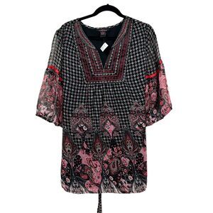 PINK Collection Womens Tunic Top V Neck Sheer 3/4 Sleeve Lined Back Tie Black 1X